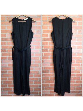 Womens Black Linen Blend Jumpsuit Size 12 Sleeveless Belted LOFT Jumper Casual